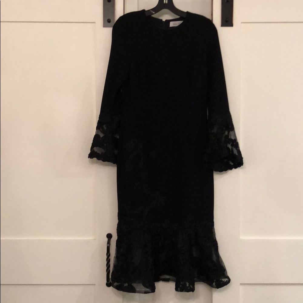 long sleeve crepe flounce-lace cocktail dress